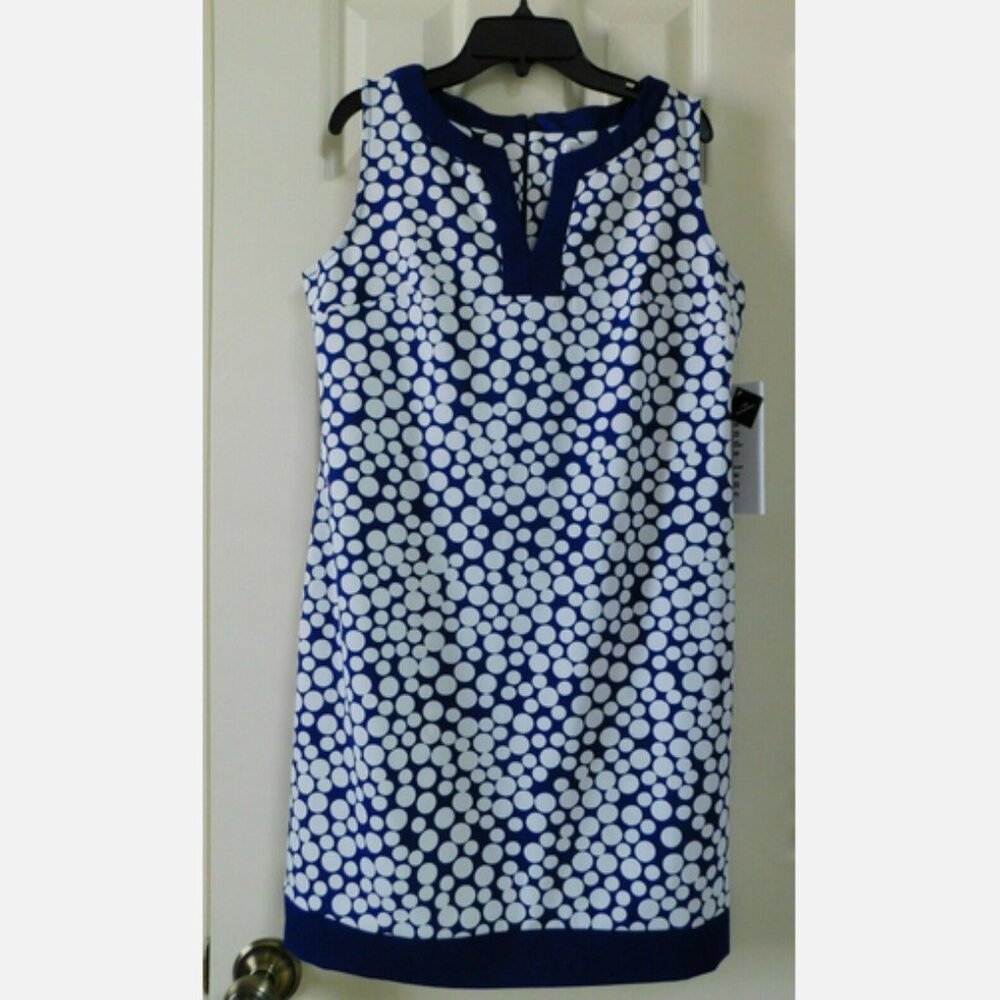 AMANDA LANE Navy/White Polka Dot Shift Dress Sleeveless 8P